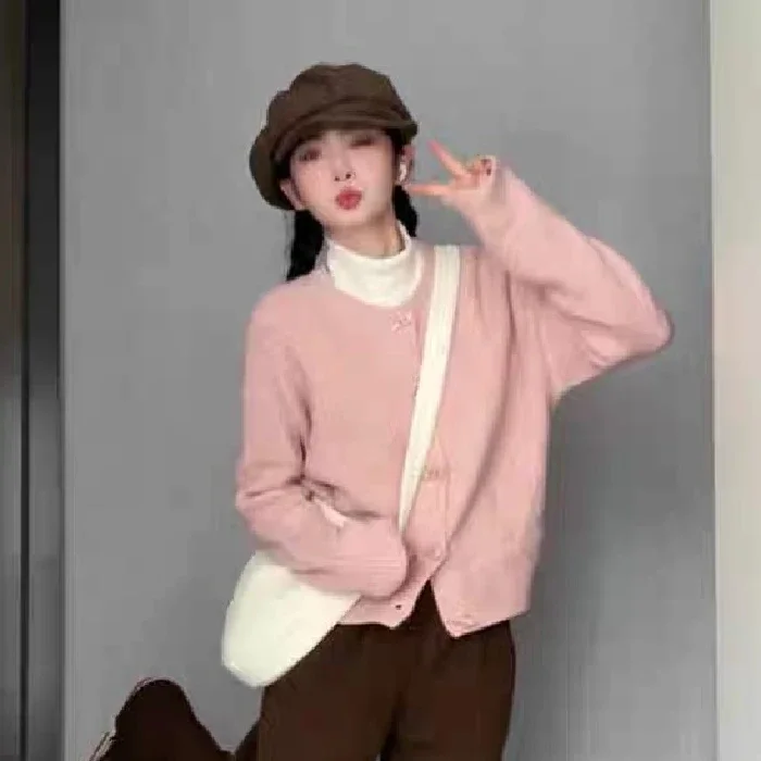 Pink Sweater Women Slouchy Autumn Single Breasted Cardigan Tender Knitwear New Sweet Girls Warm Stretchy Temper Korean Style