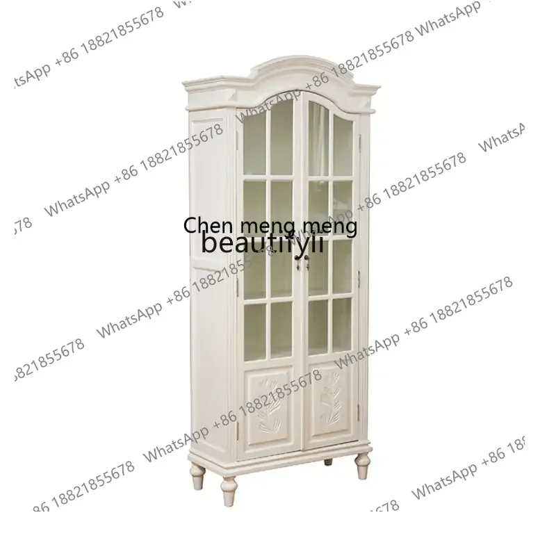 Light Luxury European Style French Style White Living Room Study Bookcase Cupboard Dish Cup Storage Display Cabinet