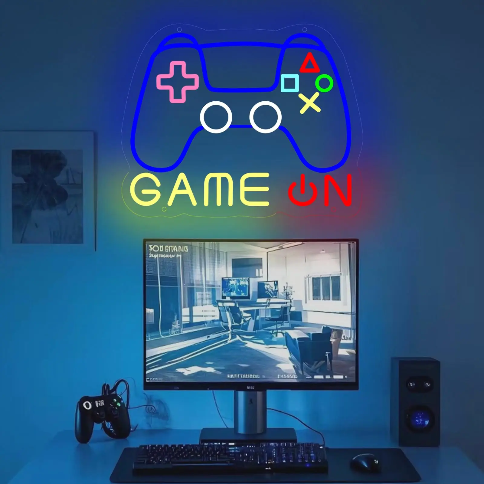 GAME ON Controller Neon Sign - Retro Gaming LED Wall Light for Man Cave, Streamer Room, USB Multicolor Lighting Gift