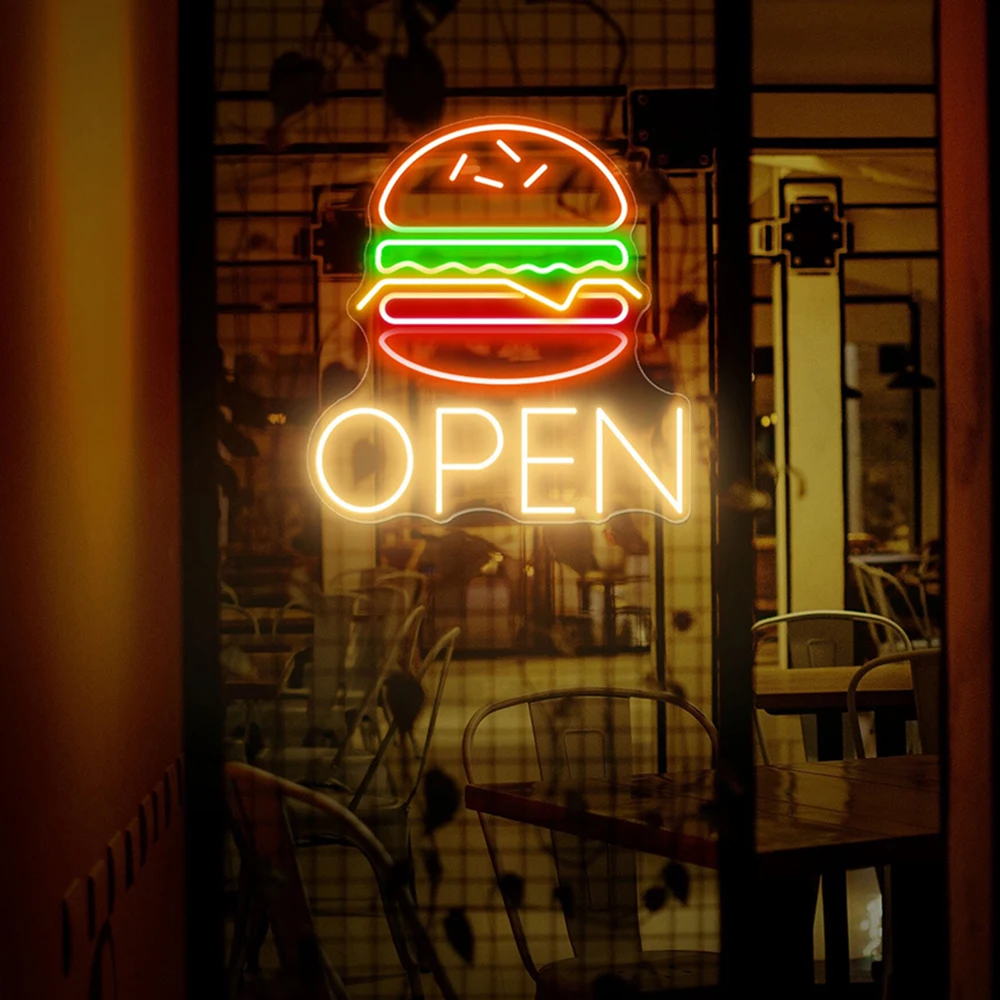 

Custom Neon Sign Burger Neon Open Burger Led Sign for Restaurant Kitchen Wall Hanging Hamburger Neon Light Personalized Gifts