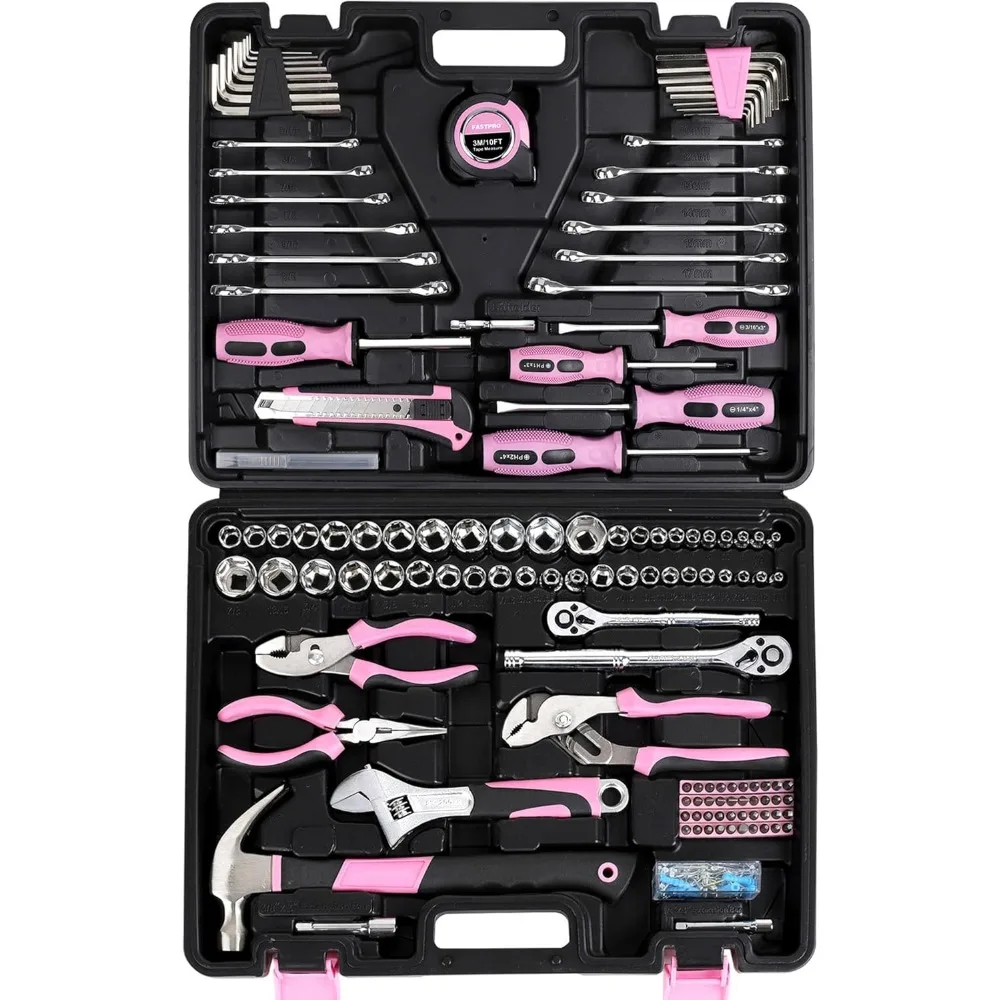 

225 Piece Pink Tool Kit with Toolbox for Home Auto DIY Repair SAE Metric Mechanics Hand Tools