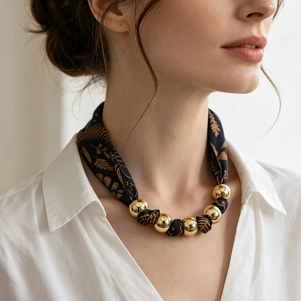 Vintage Floral Fabric Scarf Choker Necklace Women Metal Bead Spliced Cloth Neck Chain French Retro Collar Jewelry Gift