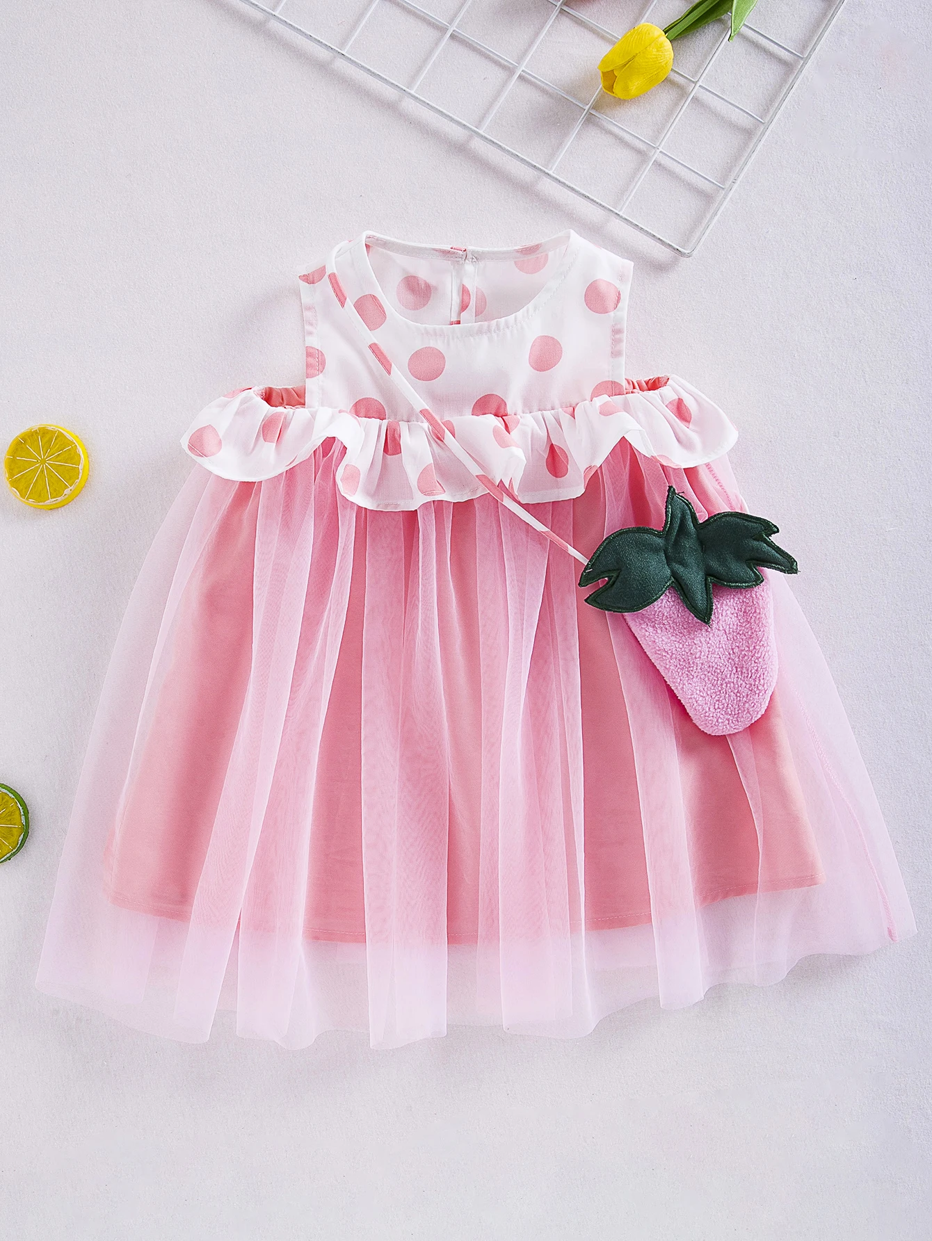 Baby Girl New Arrival Spliced Mesh Tank Dress with Polka Dot Lace Ruched Detail Strawberry Backpack 2pcs Cute Sweet Kids Outfit