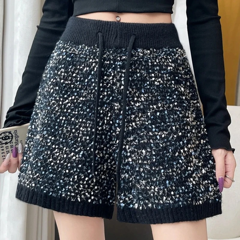 Small fragrant style sequin knitted shorts women in autumn and winter loose versatile A-line wide leg bottom boots pants