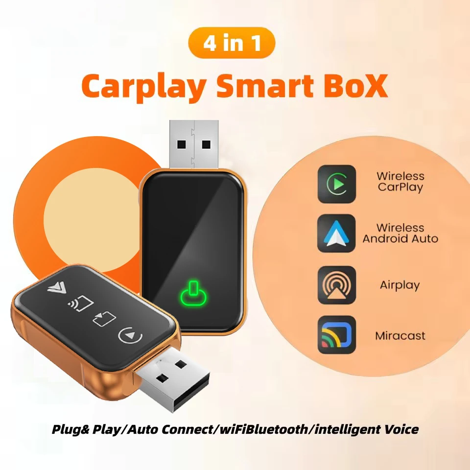 Adaptateur CarPlay sans fil 4-en-1 2026 amélioré, connexion Android Auto, AirPlay, Mirror Link, écran à connexion rapide, système intelligent pour voiture