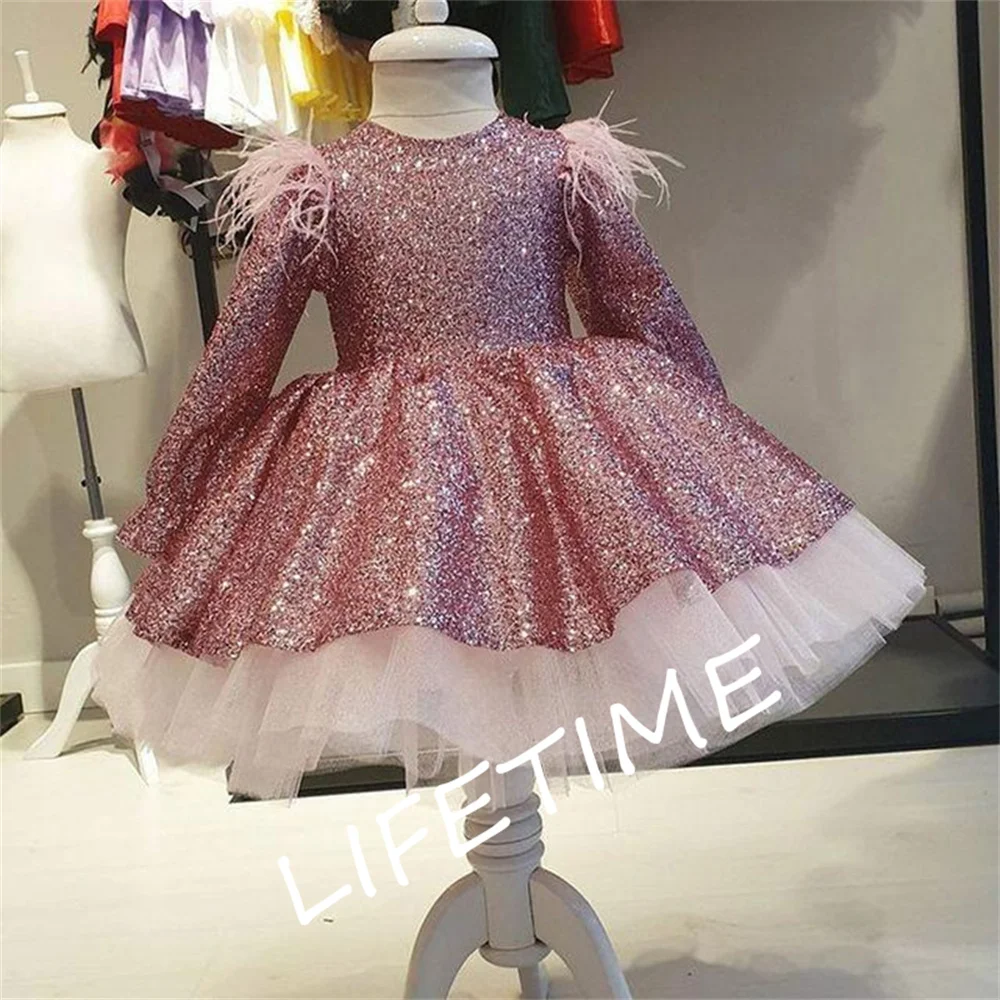 Sparkly Sequined Flower Girl Dresses Crew Long Sleeves Bow Knee Length Lilttle Kids Birthday Ball Gown Pageant Weddding Clothes