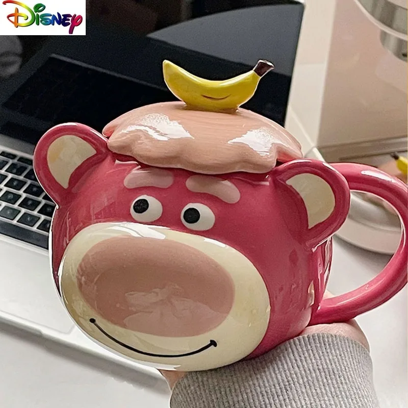 

Disney Cute 3D Cartoon Strawberry Bear with Lid Ceramic Mug Home Creative Light Luxury Drinking Cup Milk Collection Cup