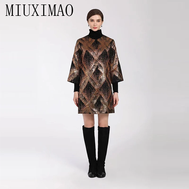 

MIUXIMAO 2023 High Quality Spring&Summer Elegant Coat Long Sleeve O-Neck Single Breasted Fashion Long Coat Women Vestide