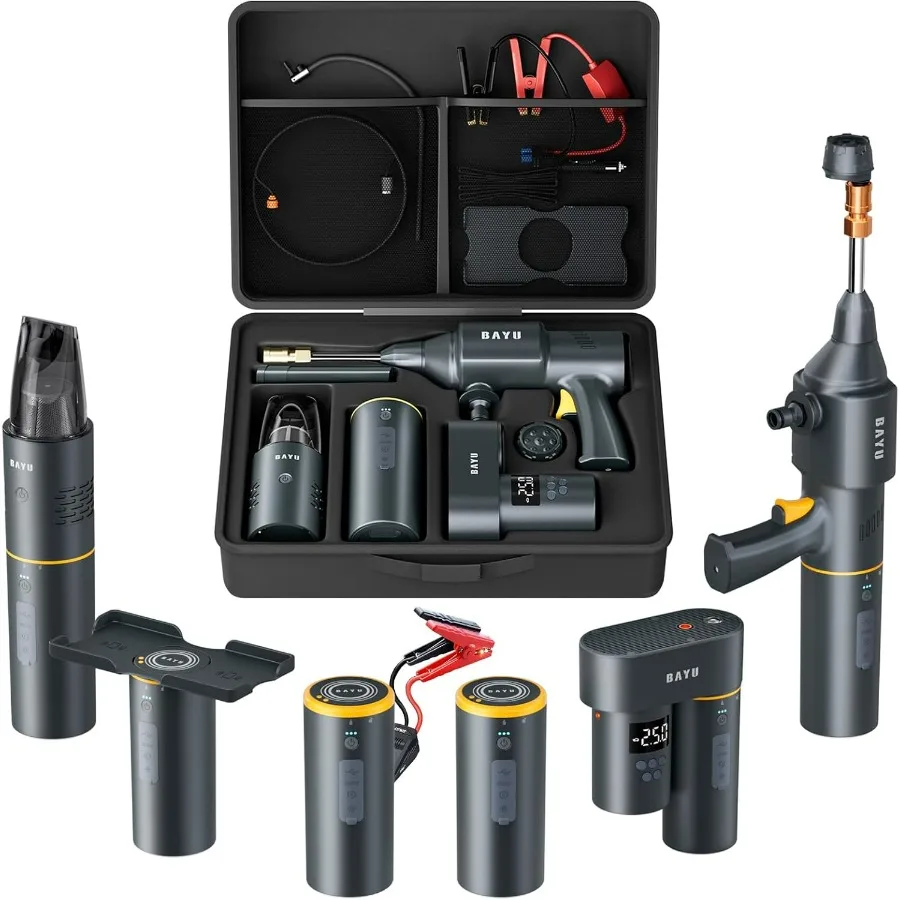 BAYU 6 في 1 مجموعة أدوات تشغيل السيارة مع 19000PA مكنسة كهربائية للسيارة بطارية عالمية غسالة الضغط اللاسلكي 150 رطل لكل بوصة مربعة تضخيم الإطارات