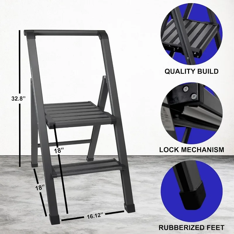 2 Step Ladder Folding, Decorative - Modern Beautiful Grey Aluminum, Ultra Slim Profile, Anti Slip Steps, Sturdy-Portable