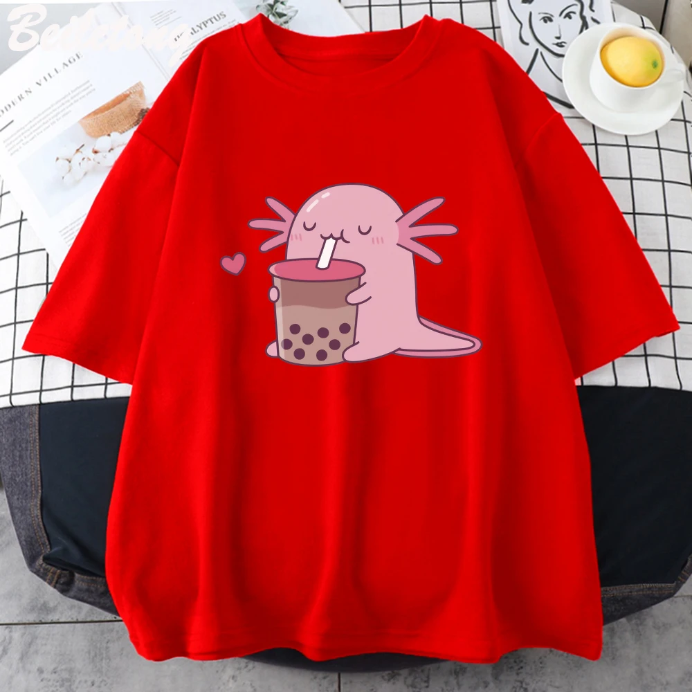 Cute Salamander Newt Bobo Milk Tea T Shirt Womes Tops Cute Printed 100% Cotton O-neck Summer Causal Tshirt Harajuku Tees Cartoon