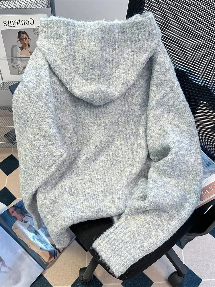 Luie Wind Retro Grijs Vest Vrouwen Leuke Knoppen Lange Mouw Losse Gebreide Truien Met Capuchon Preppy Stijl Zoete Zachte Tops Jassen