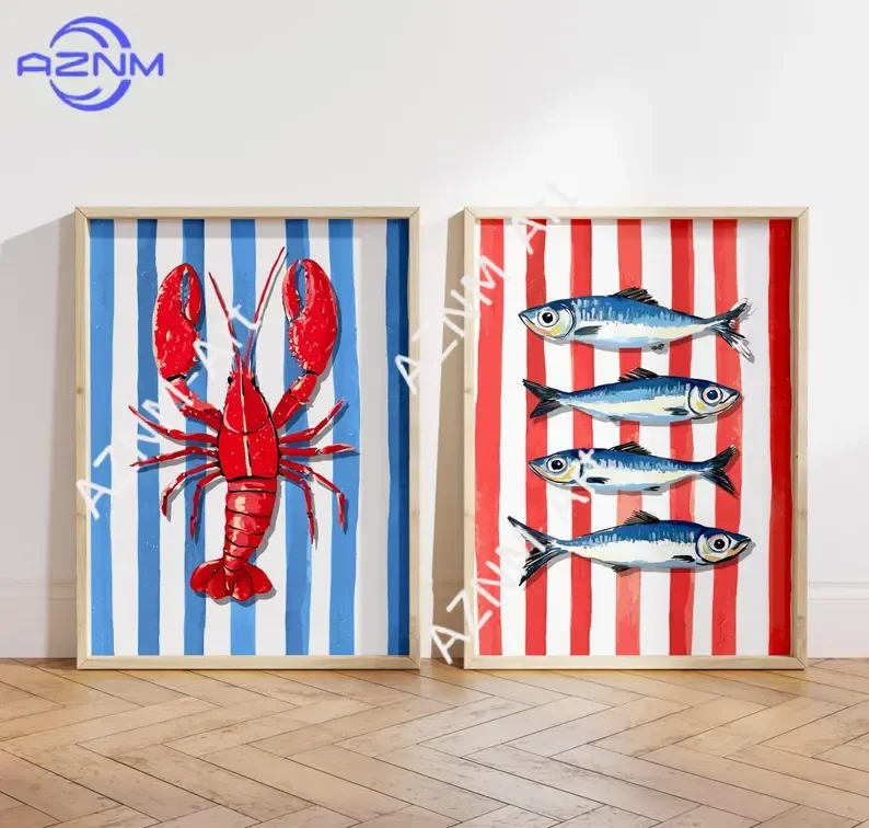 Hummer-Sardinen Blau-Rot Gestreifte Leinwanddrucke Küsten-Küchen-Wandkunst Poster für Moderne Wohnzimmer Fischer-Heimdekoration