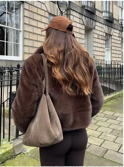 Moda feminina quente manga longa macio macio marrom laple pele do falso casaco curto jaqueta de pelúcia feminino inverno ao ar livre alta streetwear
