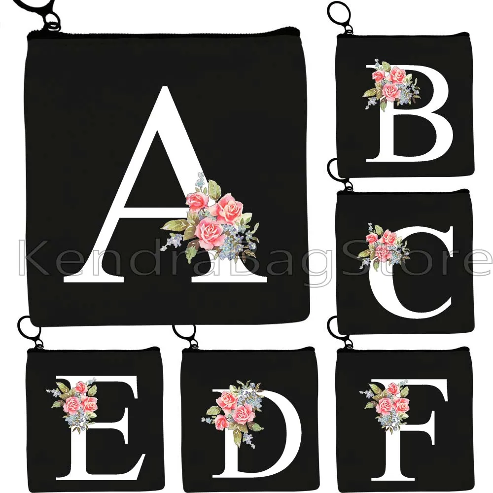 Botanical Monogram Floral Pink Rose Flowers Initial Letter English Alphabet Gifts Canvas Coin Purse Key Case Bag Wallet Pouch