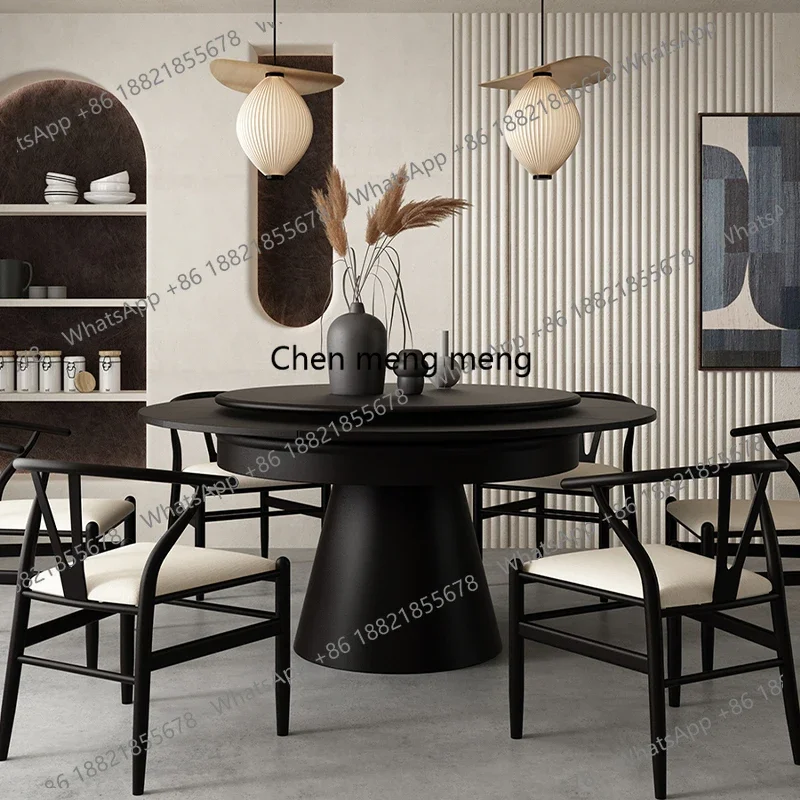 Deformation dining table  retro style small apartment solid wood dining table rotating and retractable household round table