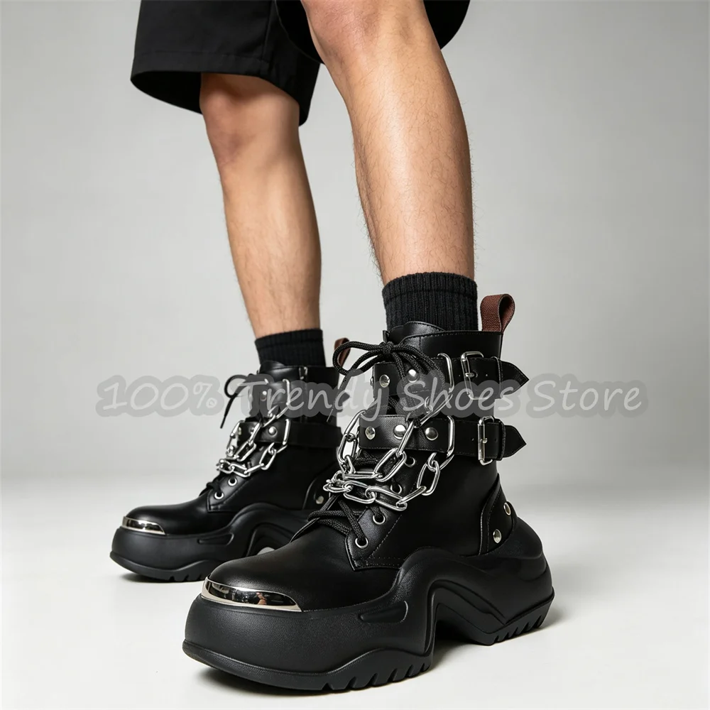 Women Chunky Bottom Platform Ankle Boots Punk Metal Chain Buckle Strap Lace Up Motorcycle Boots Lady Streetwear Footwear Shoes
