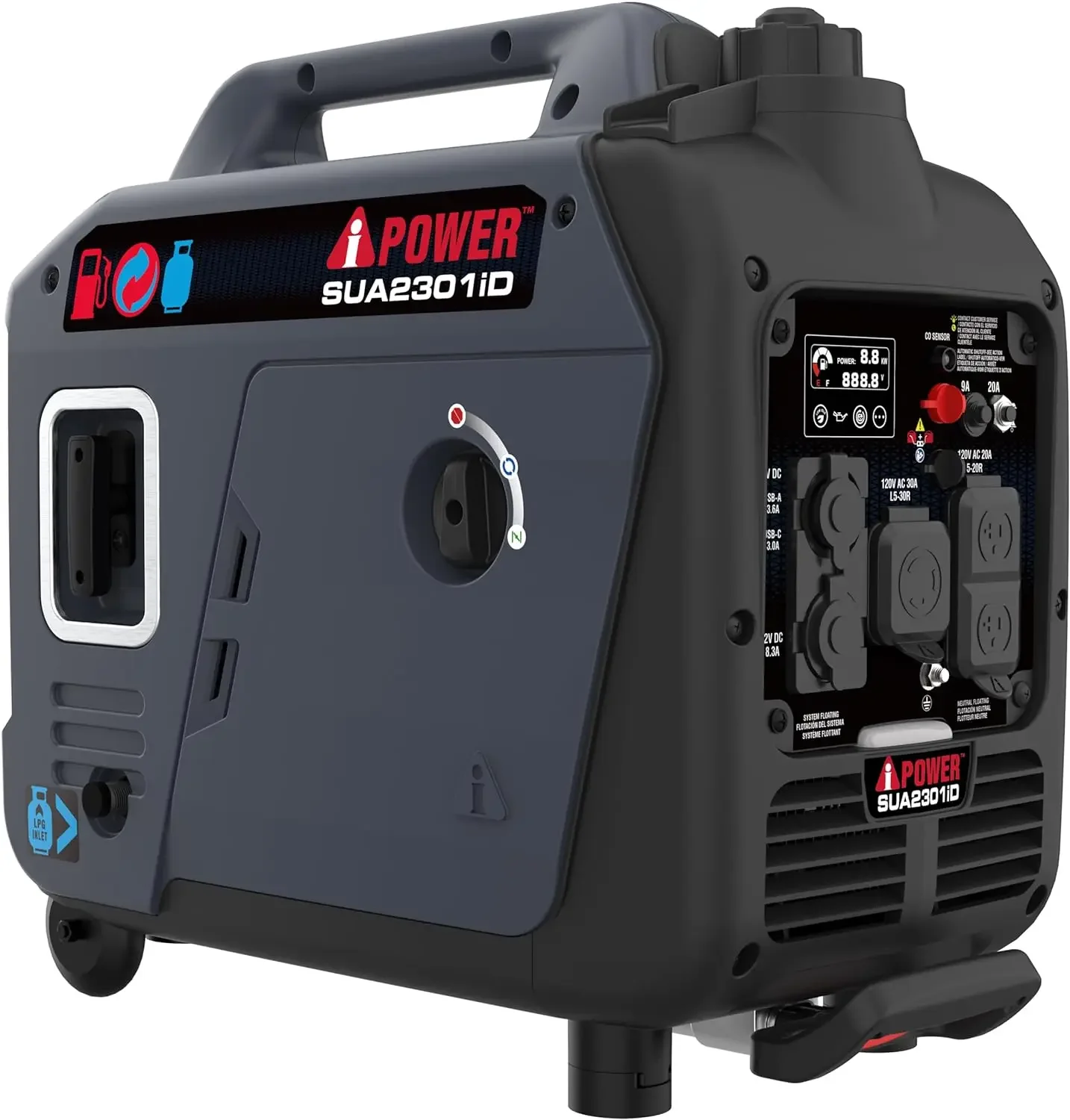 Portable Inverter Generator Dual Fuel, 2300W RV Ready, EPA & CARB Compliant CO Sensor, Light Weight With Telescopic Handle