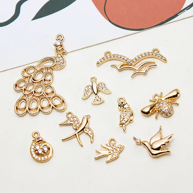 1pcs Diy Accessories Cast Copper Micro-encrusted Zircon Bird Swallow Peacock Jewelry Pendant Earrings Handmade Charms