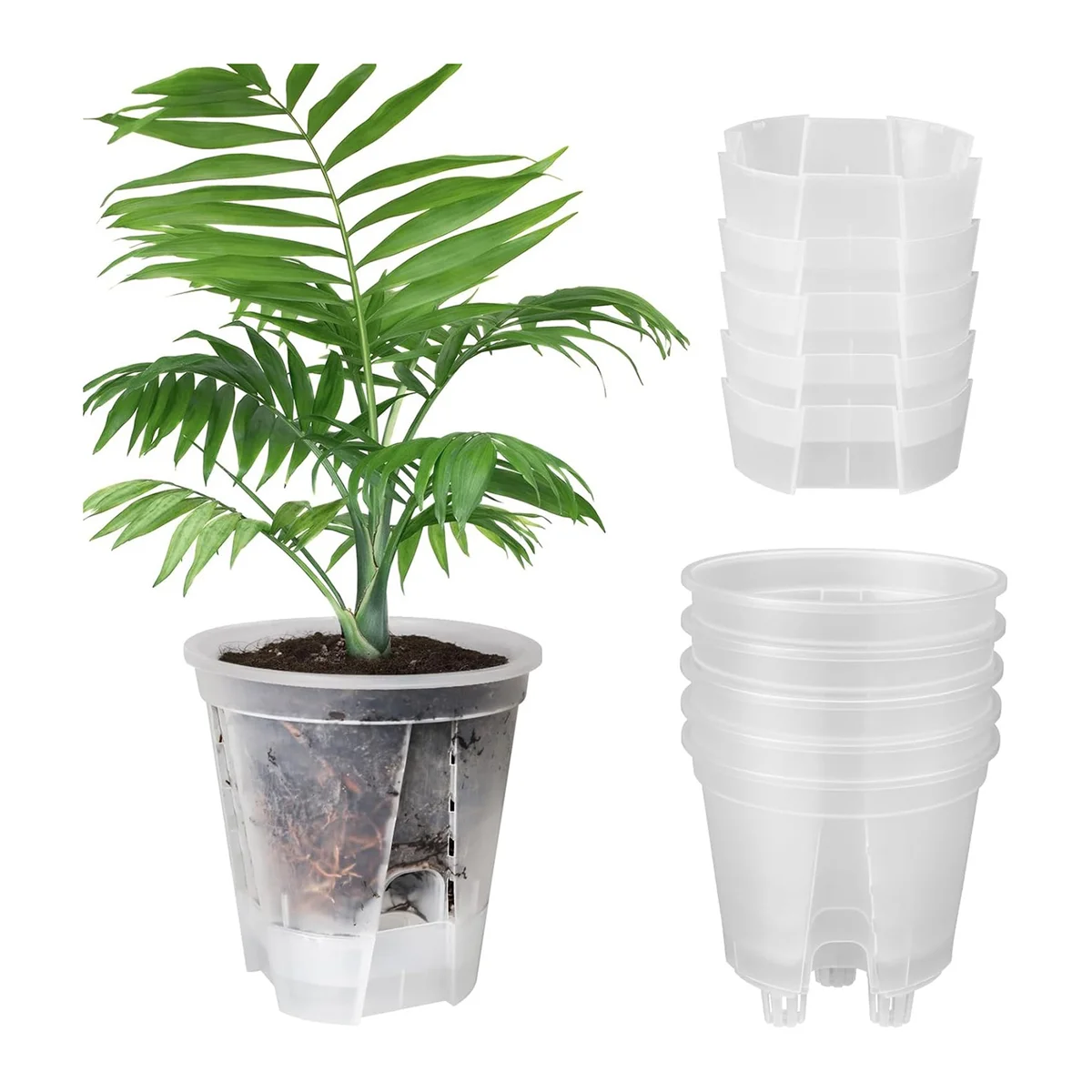 6 Inch Transparent Plastic Garden Pots Self Watering , 5 Pack Plastic Nursery Plant Pots with Deep Reservior