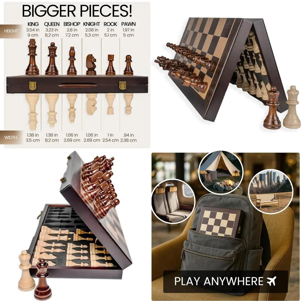 

Portable 17 Wooden Chess Set with Engraved Pieces, Folding Board, Storage, Bonus Queens, and Gift Box