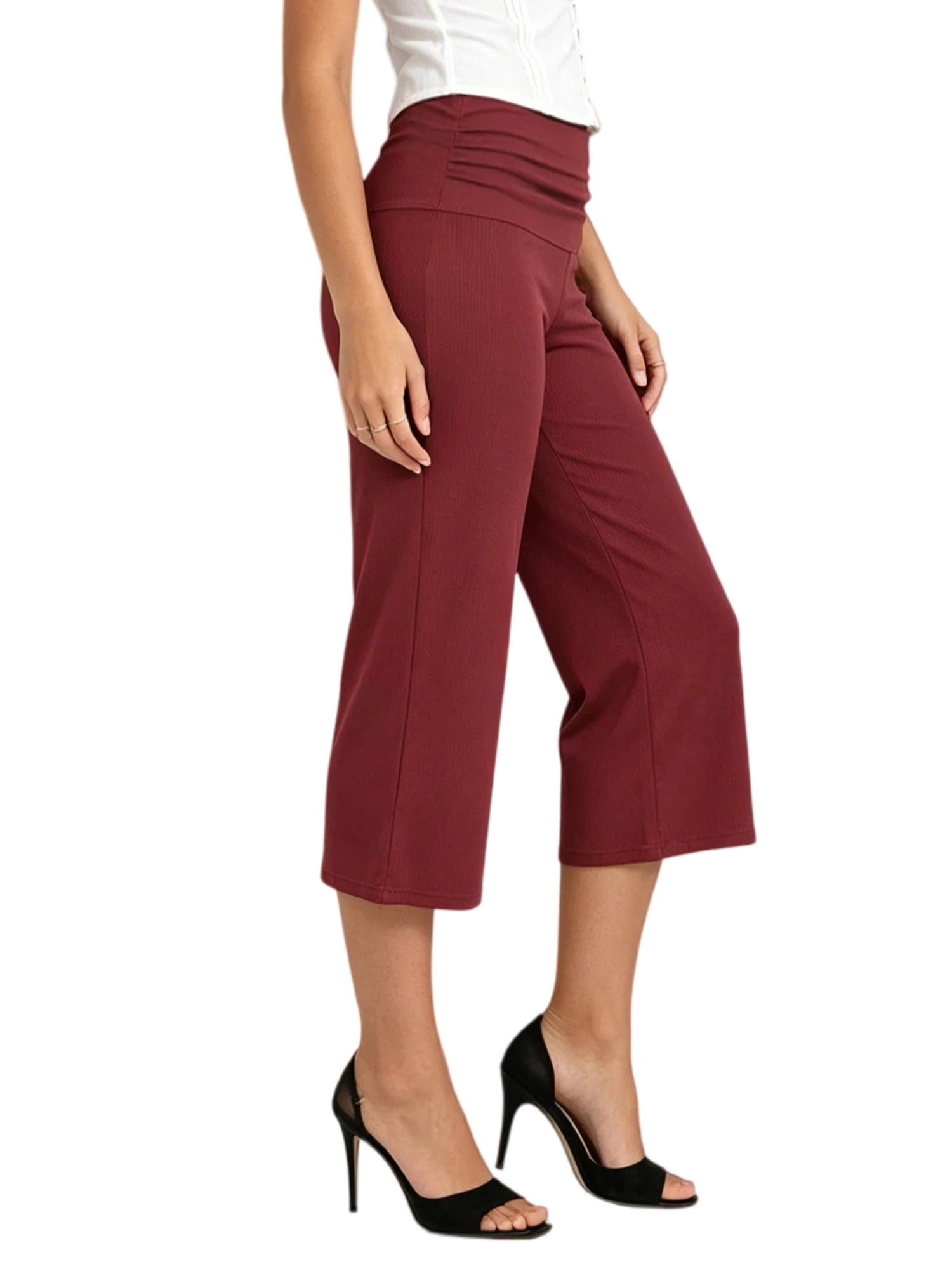Womens Wide Leg Capris Casual Fold Over Waist Stylish Solid Color Mid Rise Cropped Pants