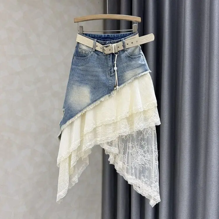 Denim Lace Splicing Skirt Women's High Waist Fashion Personality Irregular Skirt