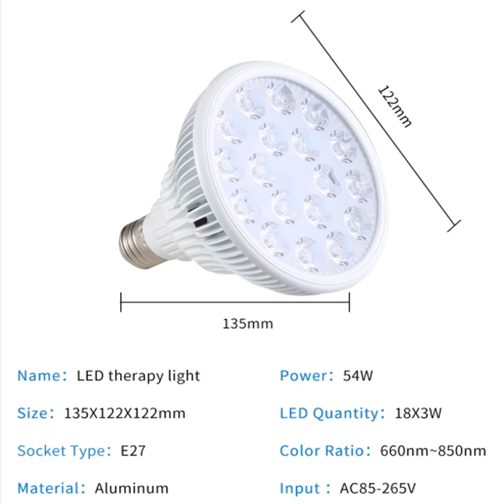 54Watt 810nm 830nm 850nm Near Infrared Lamp, Red Light Therapy Bulb E27 630nm 660nm for Skin and Pain Relief, Red Light Grow LED