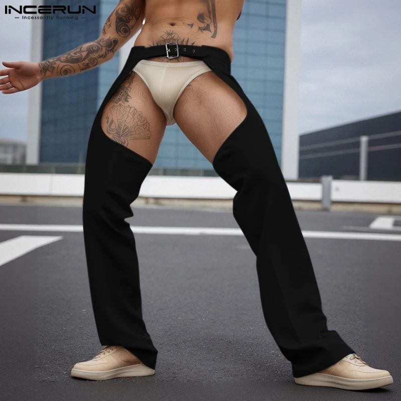 INCERUN Men Pants Solid Color Button Hollow Out Sexy Male Pants Streetwear Loose 2025 Personality Fashion Casual Trousers Men