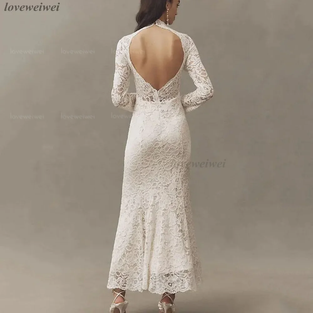 Customized Mermaid High Neck Wedding Dress Classic Lace Long Sleeves Bride Gowns Backless Dresses Vestido De Novia Boda