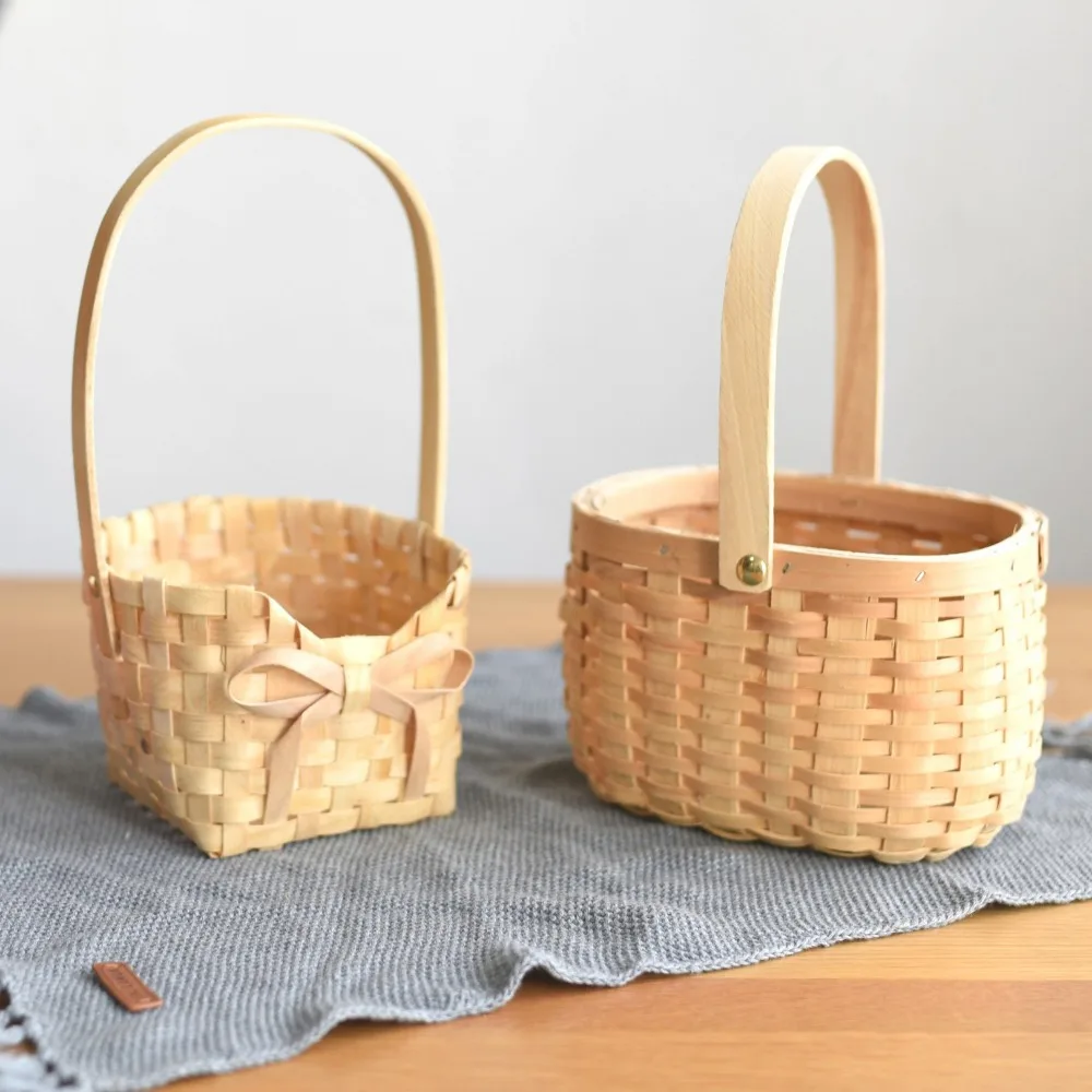 New with Handle Fruit Basket Handmade 4 Styles Wood Basket Handwoven Household Braid Storage Baskets Living Room Decoration