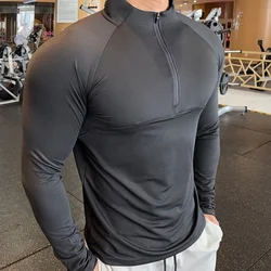 High Quality Men Quick Dry Running T-Shirts Fitness Training Exercise Clothes Gym Sport Shirt Tops Muscle Tees Long Sleeve Zip