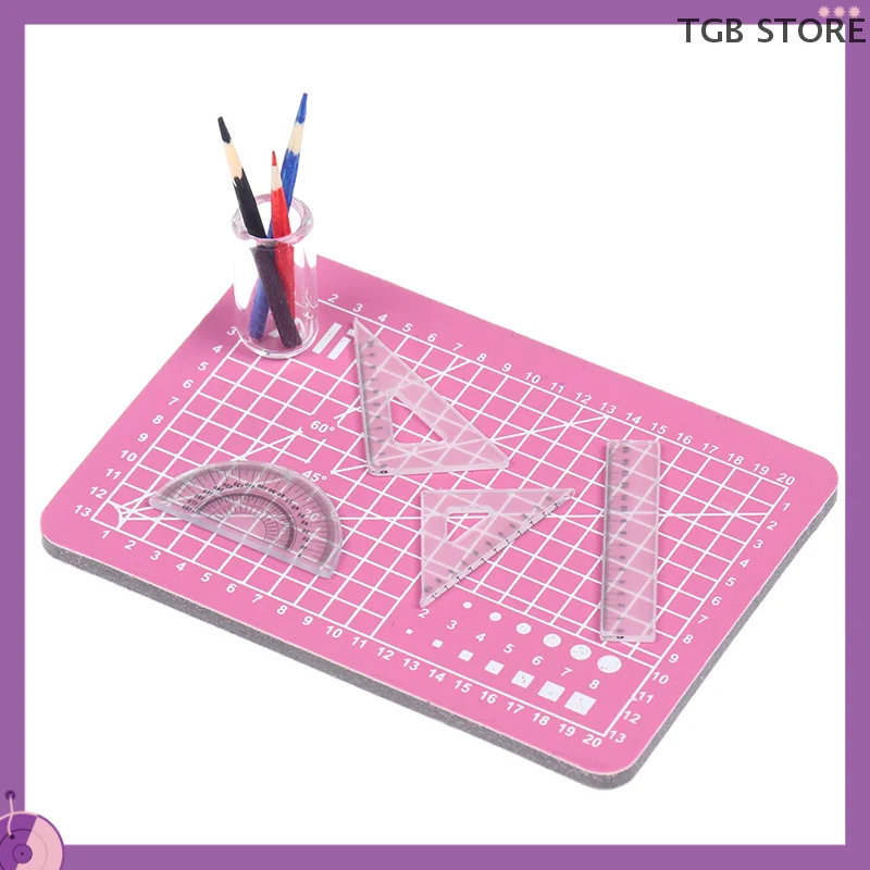 1Set 1:12 Miniature Cutting Mat Ruler Pencil Pen Holder Set Dollhouse Decor