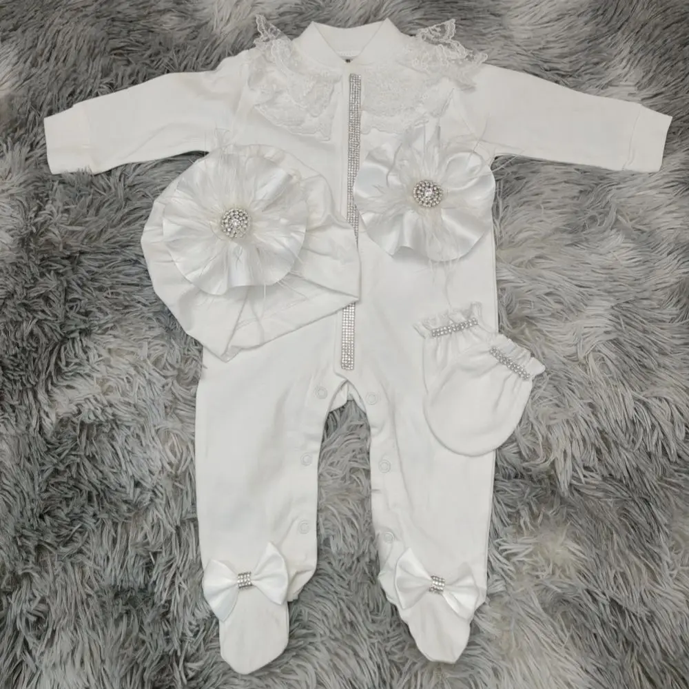 Pretty Luxury Mother Kids Camel bird Feather Pajamas Toddler Baby Girl Plume Trim Newborn Long Sleeve Romper Layette 3pcsSet