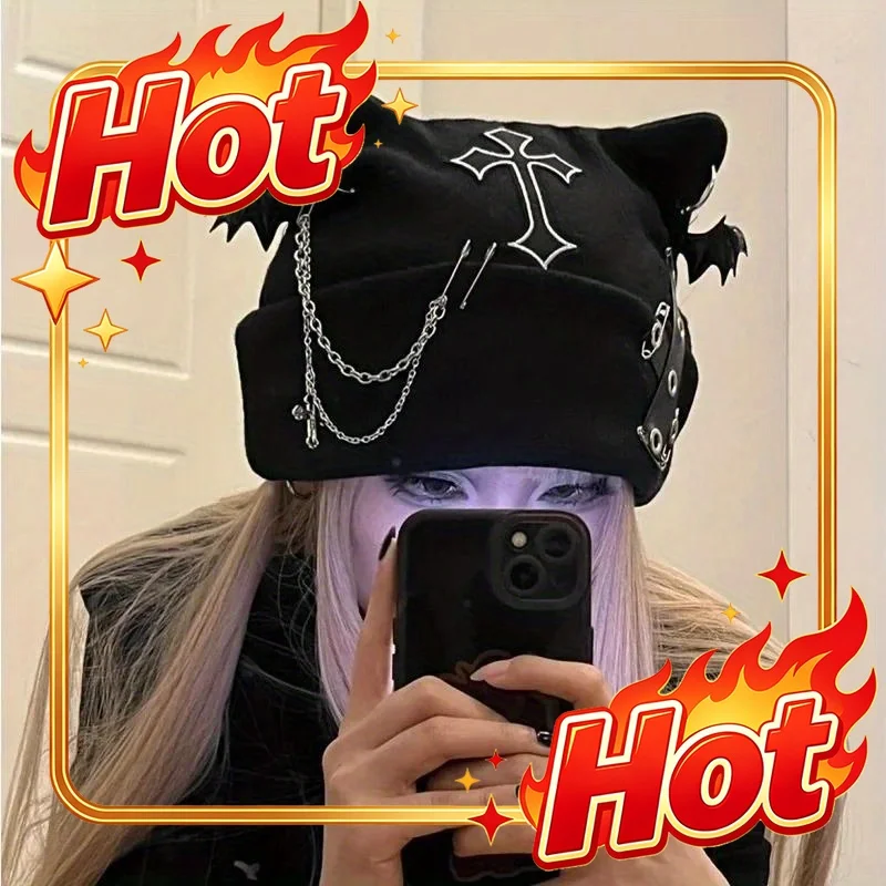 Custom Hat Original Fleece Hat With Subculture Design - Featuring Cross-chain Decoration - Cat-ear Style Warm Hat - Abi Fashion