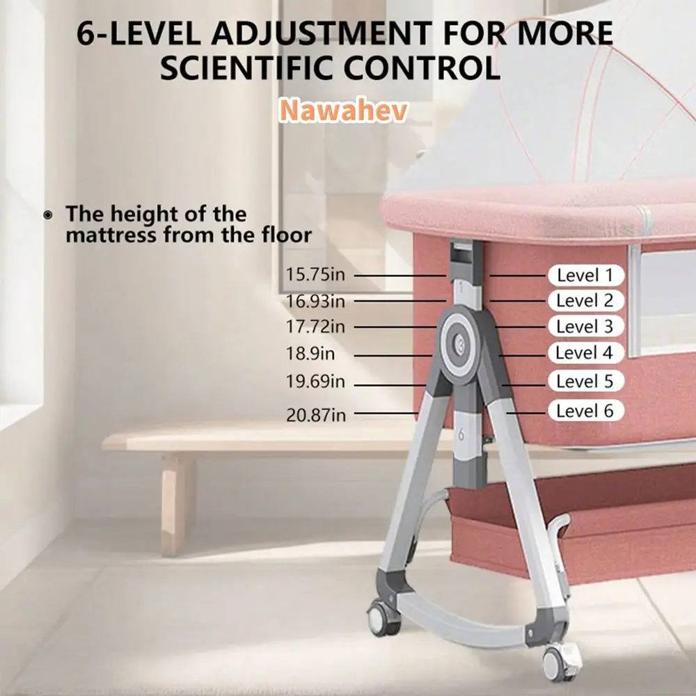 4In1 Baby Bassinet Bedside Sleeper, Adjustable 6 Height Levels, Lockable Wheels, Mosquito Net Large Storage Basket For Infant view 5