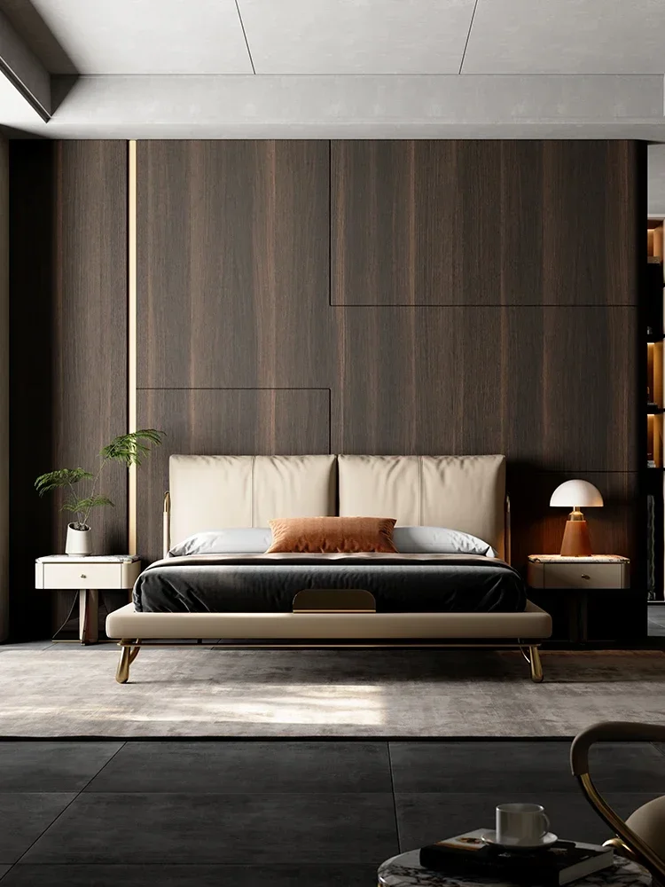 

Итальянская минималистичная кожаная кровать в главной спальне, двуспальная кровать, светлая, роскошная, мягкая