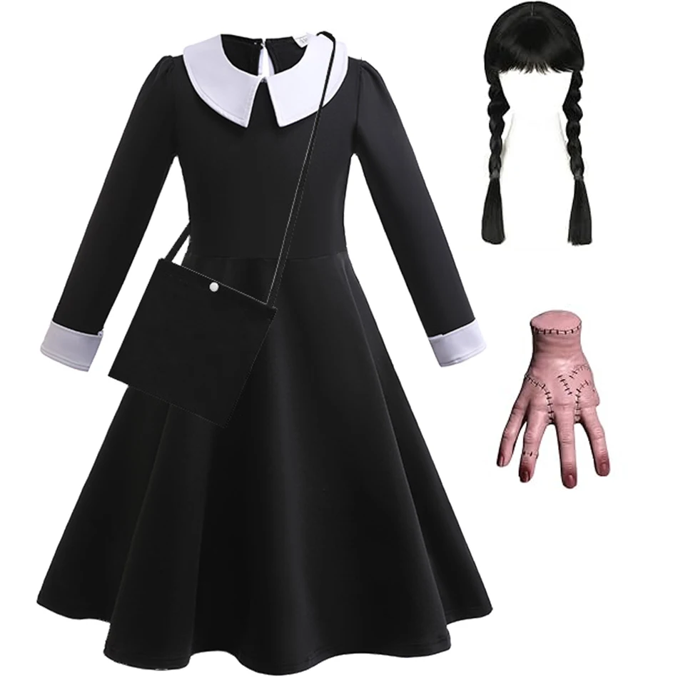 Wednesday Addams Costume Dress Gothic Princess Family Halloween Cosplay Stage Show Party Dress for 3-12 Years Girls