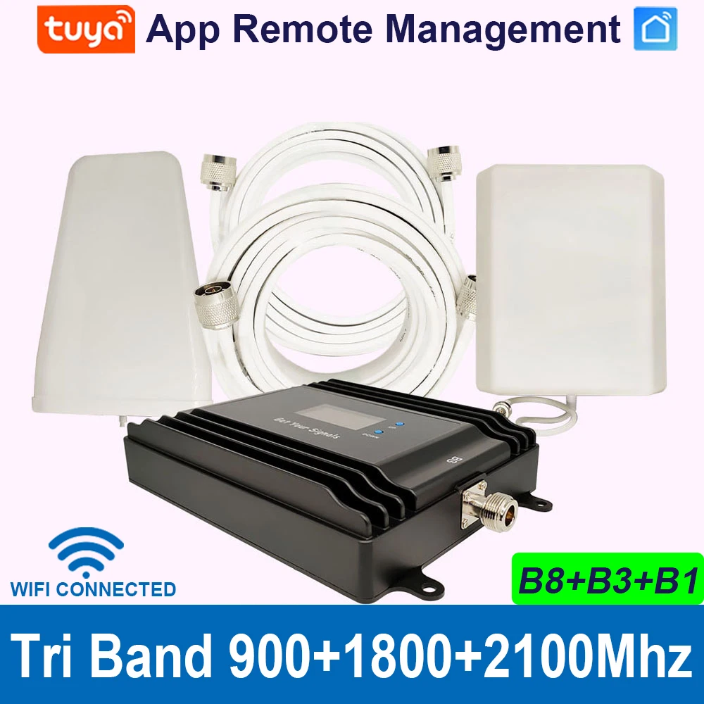 Tri Band Signal Booster, 900, 1800, 2100Mhz, GSM, 4G Repeater, 2G, 3G, 4G Amplifier, Work for All carriers App Monitoring