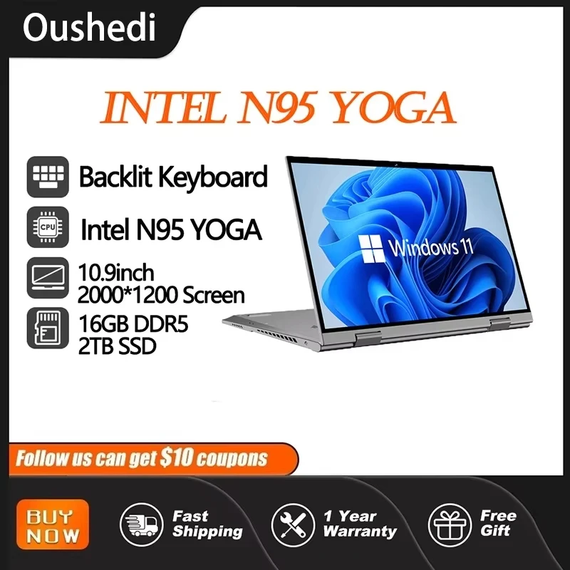 Oushedi-tableta portátil 2 en 1, pantalla táctil de 10,9 pulgadas, 16GB DDR5, 2TB, SSD, cámara HD, teclado retroiluminado 360 °   Portátil plegable Intel N95