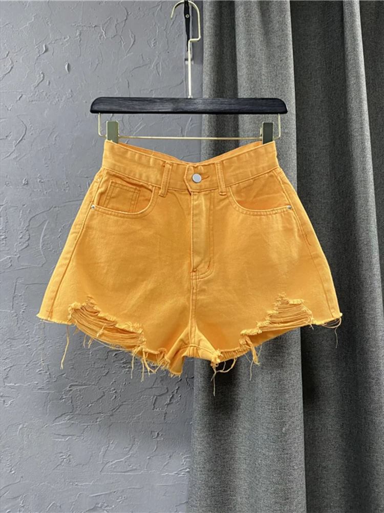 Pantaloni estivi a gamba larga di nuovo stile Pantaloncini di jeans strappati color caramello Pantaloni femminili a vita alta verde A-line Jeans da donna Pantaloncini caldi