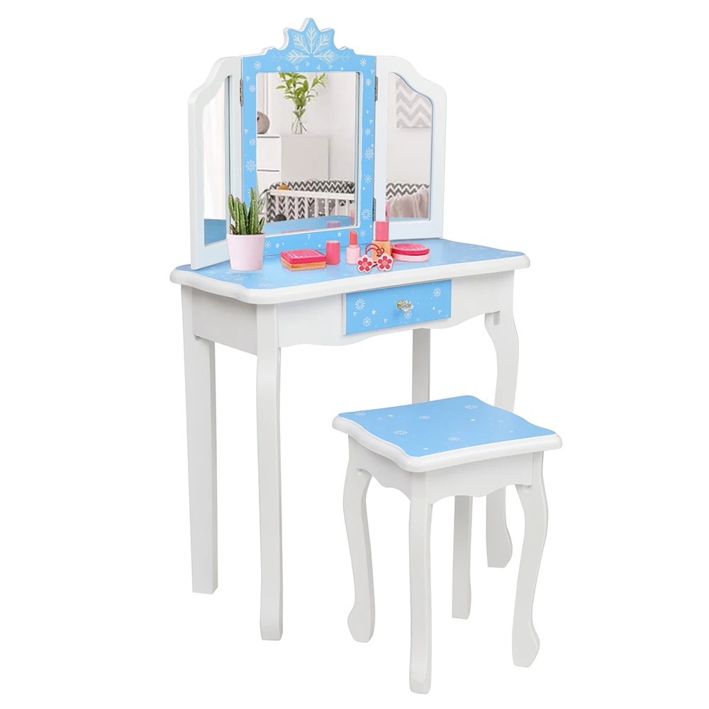 

Children's Wooden Dressing Table Three-Sided Folding Mirror Dressing Table Chair Single Drawer Blue Snowflake Style