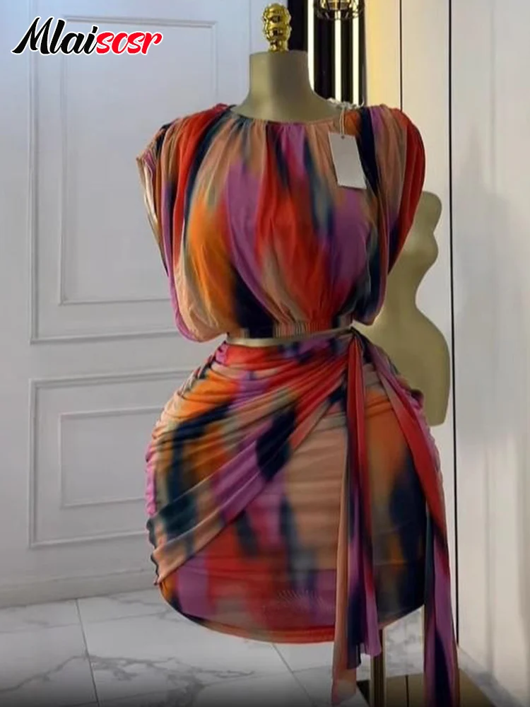 Mlaiscsr Sexy Women's Tie Dye Ruched Sleeveless Crop Top And Mini Skirt Set Night Club Beach Party Outfit 2-Piece Suit Autumn