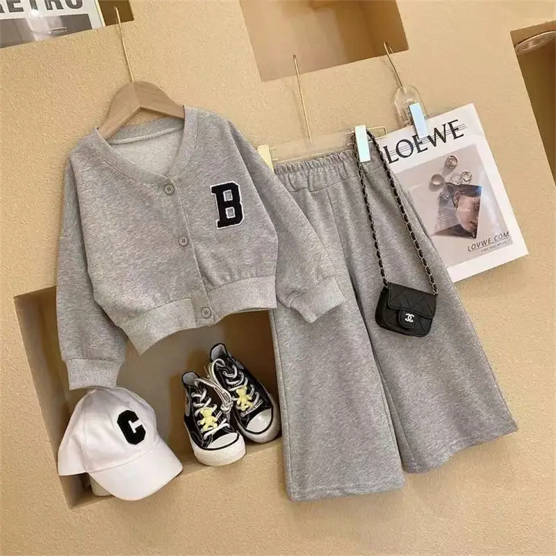 Kids Clothes 2-8 Years Children Baseball Uniform Letter Top Wide Leg Pant 2Pcs Spring Autumn Girls Fashion Casual Sports Sets