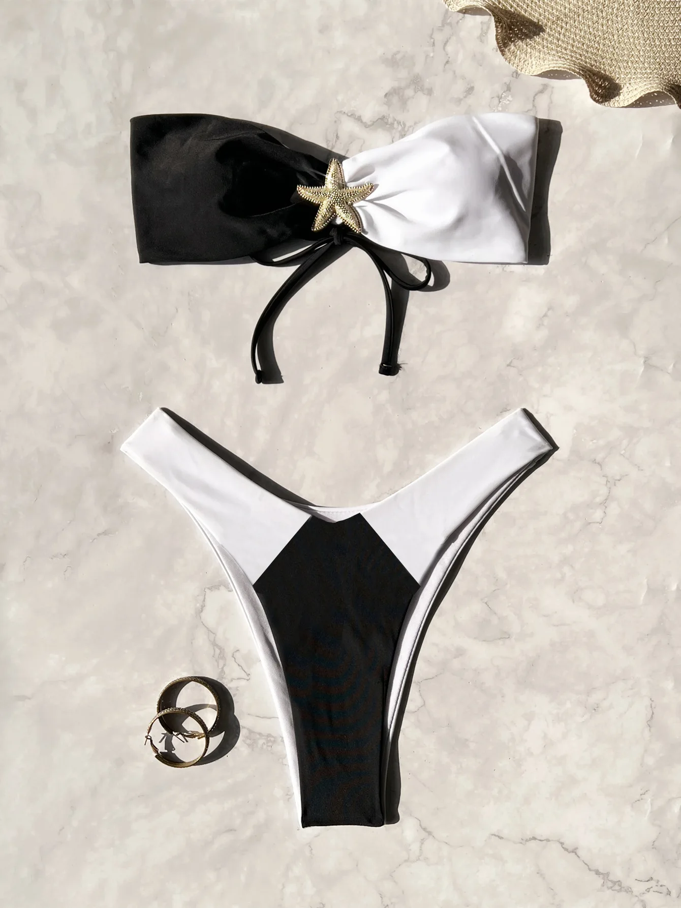 

sexy metal starfish patchwork bandeau bikinis sets two pieces back tie thong swimsuits bathing suit swimwear tankini biquini