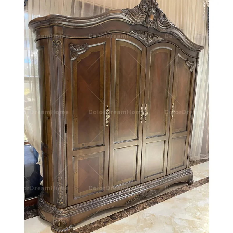 custom.Traditional Solid Wood Furniture Wooden Armoire Customized Classic Carved Bedroom 4 Door Storage Wardrobe Designs