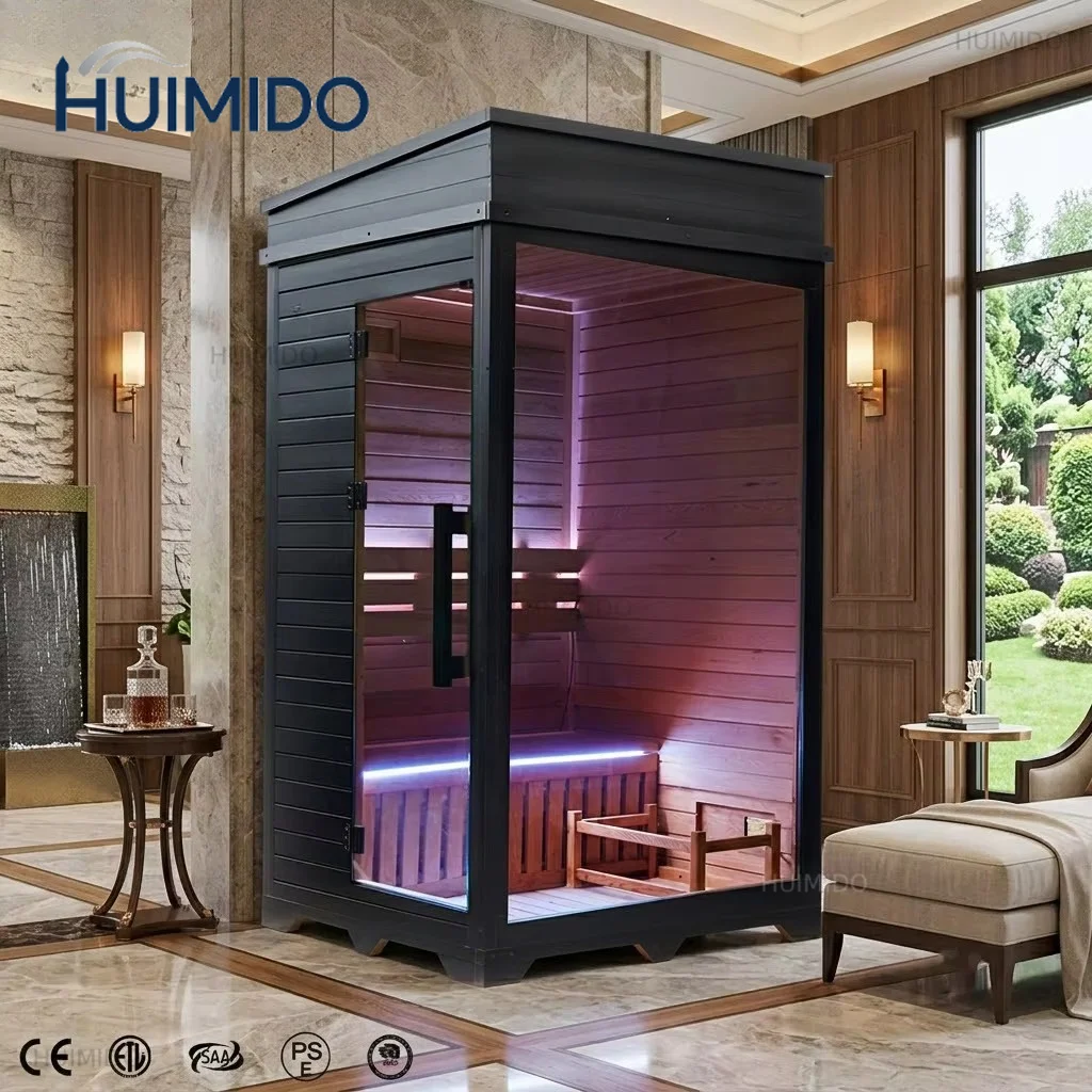 Traditional yew wood indoor single sauna cabin with glass doors and benches, modern black frame, suitable for high-end fa