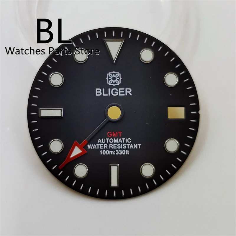 BLIGER 29mm Watch Dial Blue Green Red GMT Letters Writing Matching Color GMT Hands Fit NH34 Movement Green Luminous Index