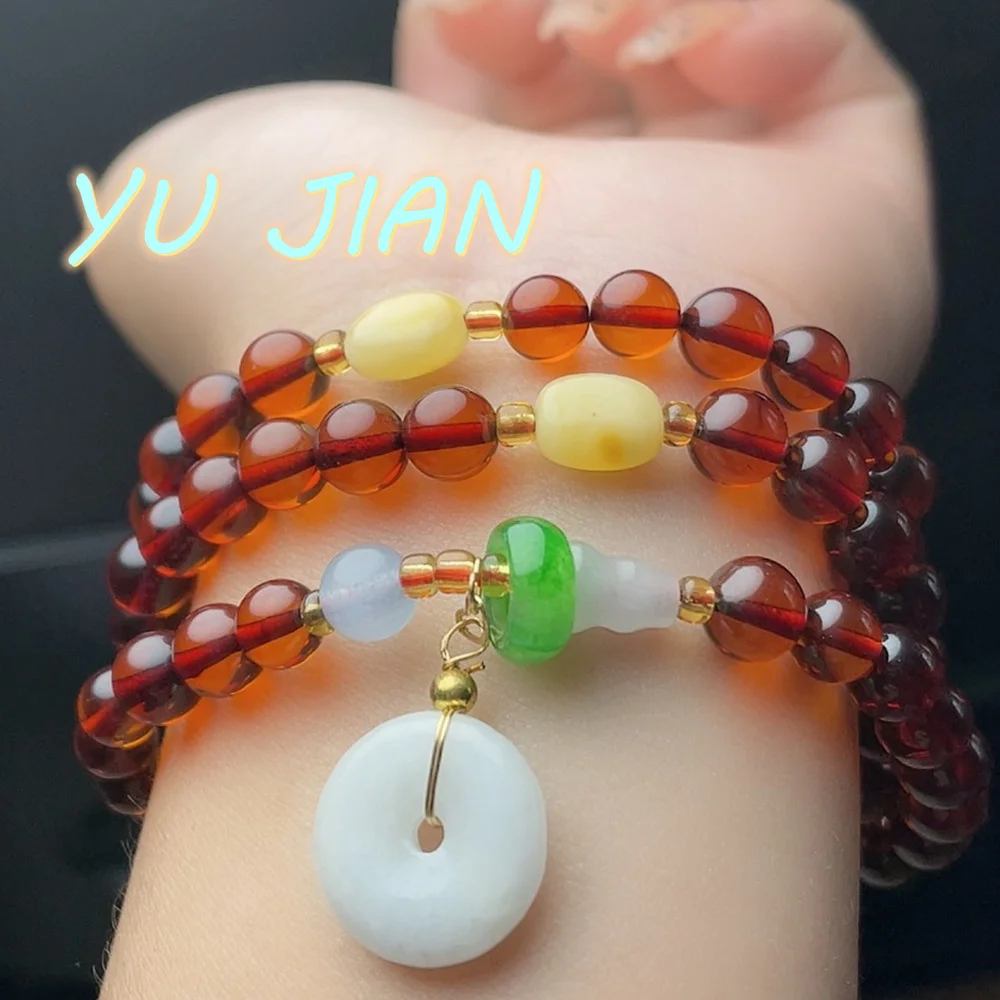 Natural Level One Red Blood Amber Beads With Jadeite Lucky Buckle Jade Accessories Exquisite Chain Necklace Handring Fine Jewelr