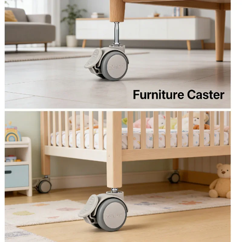 (Pack of 4) Crib Caster 6/6.6/7/7.5/8mm Rod Wheel Accessories Universal with Brake Double Silent Roller  Load 120KG